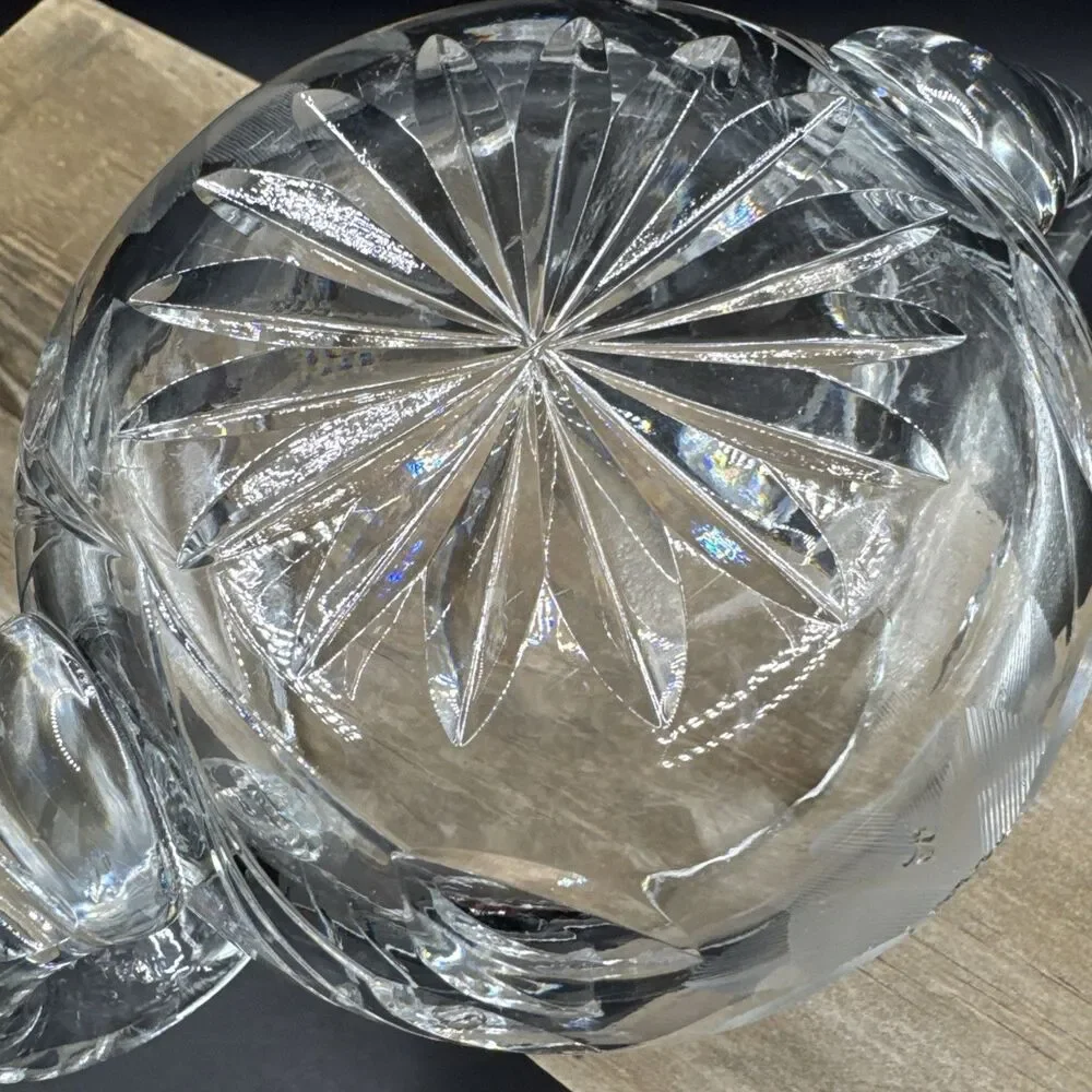 Etched Glass Clear Cut Flower Design Sugar Bowl with Two Handles Solid Heavy
